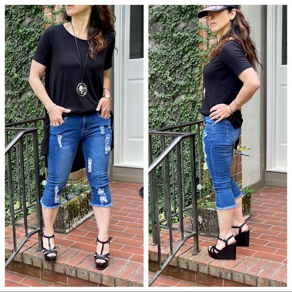 Boho Retro chic mid rise Capri distressed frayed jeans - Picture 2 of 3